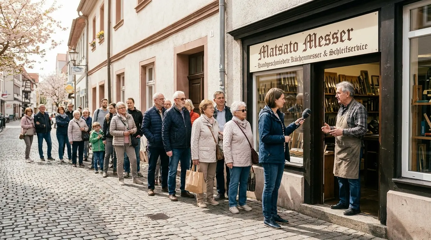 Reporterin vor dem kleinen Matsato-Fachgeschäft